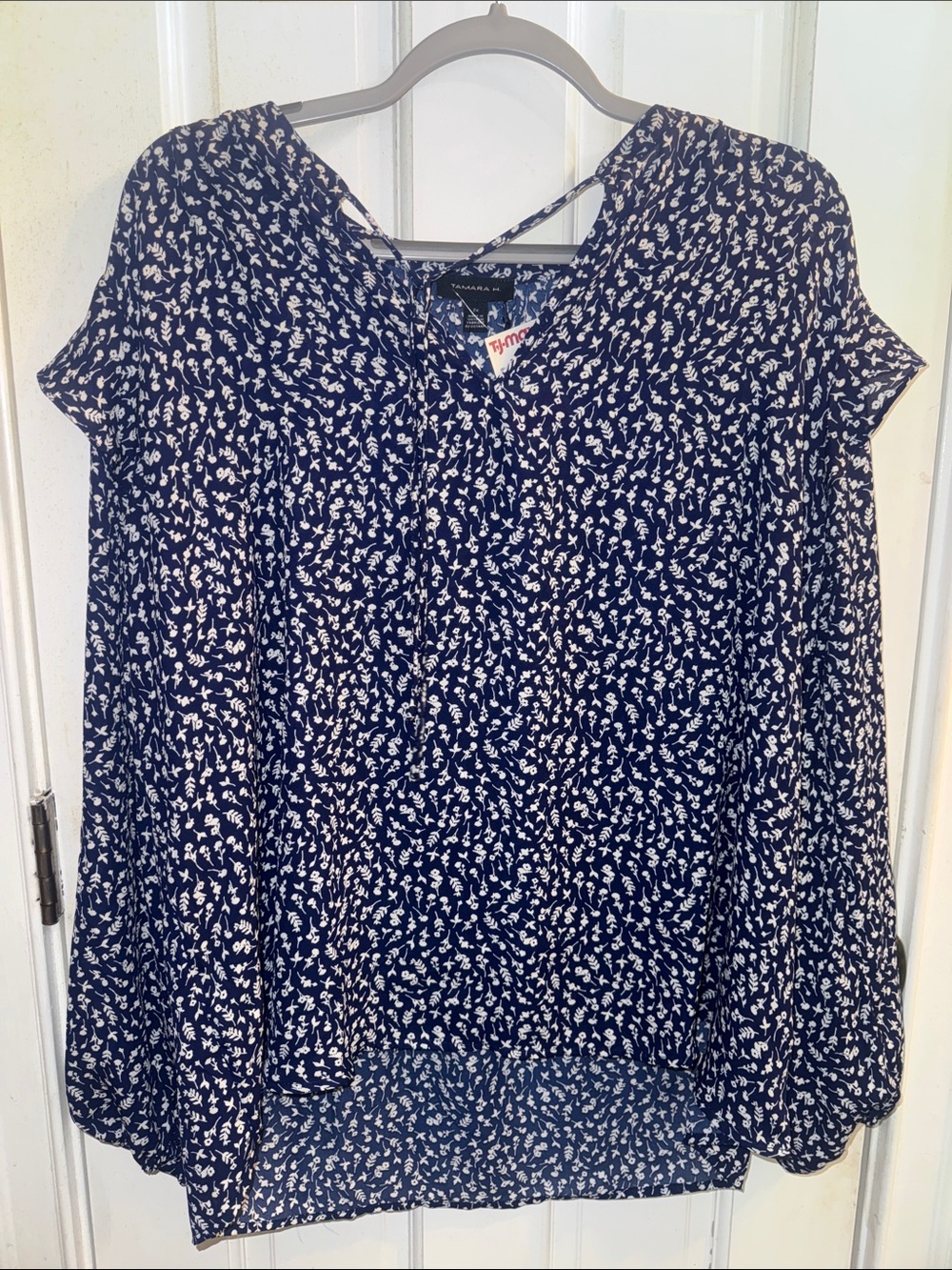Navy Floral Keyhole Blouse with Tie